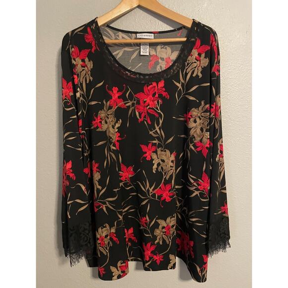 Catherines Shirt Womens 3X 26 28W Black Red Floral Lace Trim Long Sleeve Plus - Picture 1 of 7